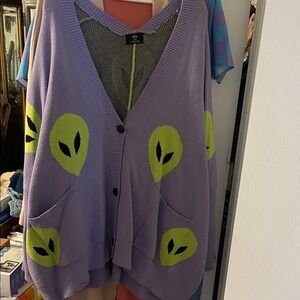 Dressed in LALA Purple Cardigan with Green Alien Design
